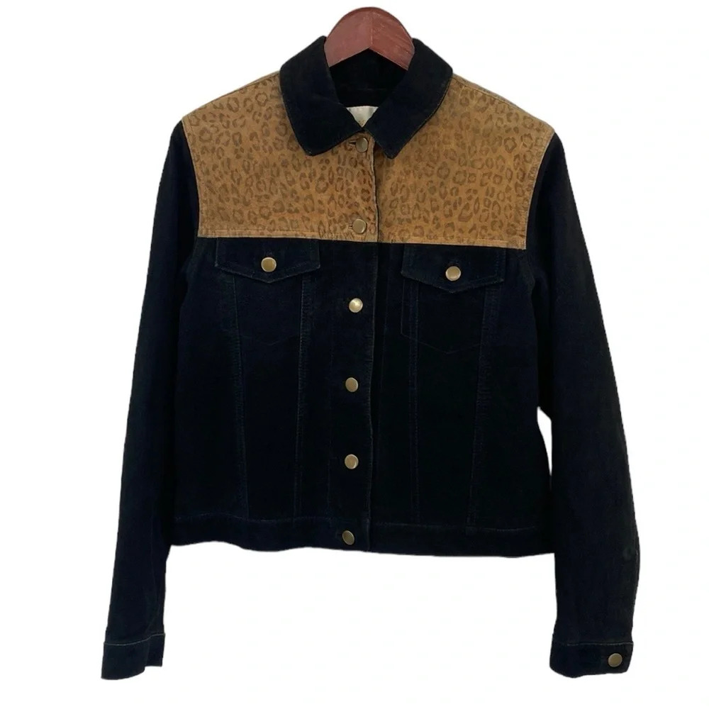 Margaret Godfrey Suede Leather Jacket Women Size Medium Black Tan Leopard Animal